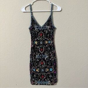 Miss Selfridge Dress Black Multicolored Beaded Sequins Sleeveless Mini Bodycon